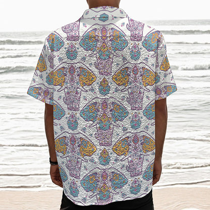Indian Flower Elephant Pattern Print Textured Short Sleeve Shirt
