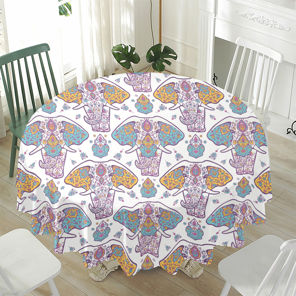 Indian Flower Elephant Pattern Print Waterproof Round Tablecloth