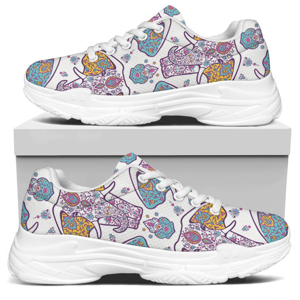 Indian Flower Elephant Pattern Print White Chunky Shoes