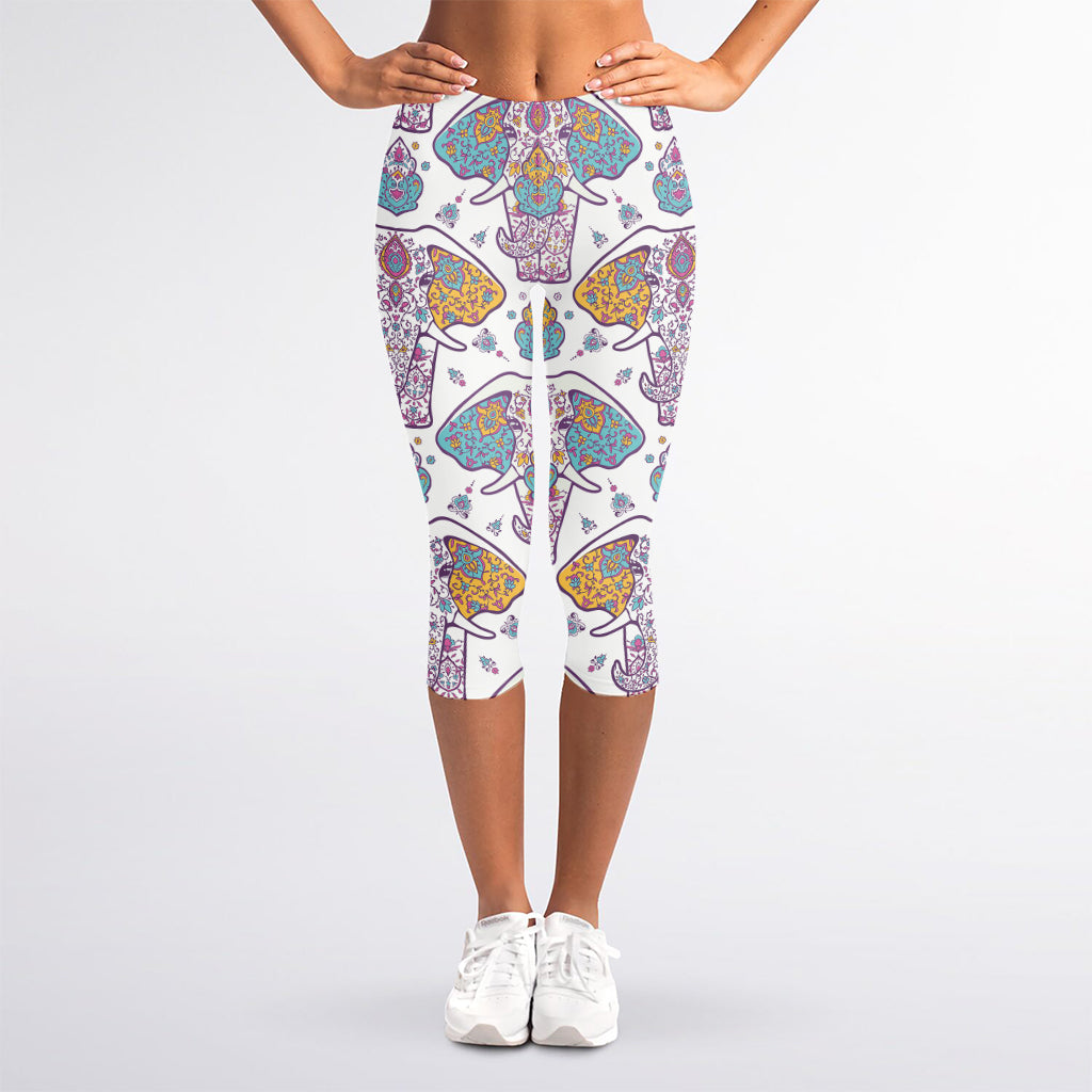 Indian Flower Elephant Pattern Print Women's Capri Leggings