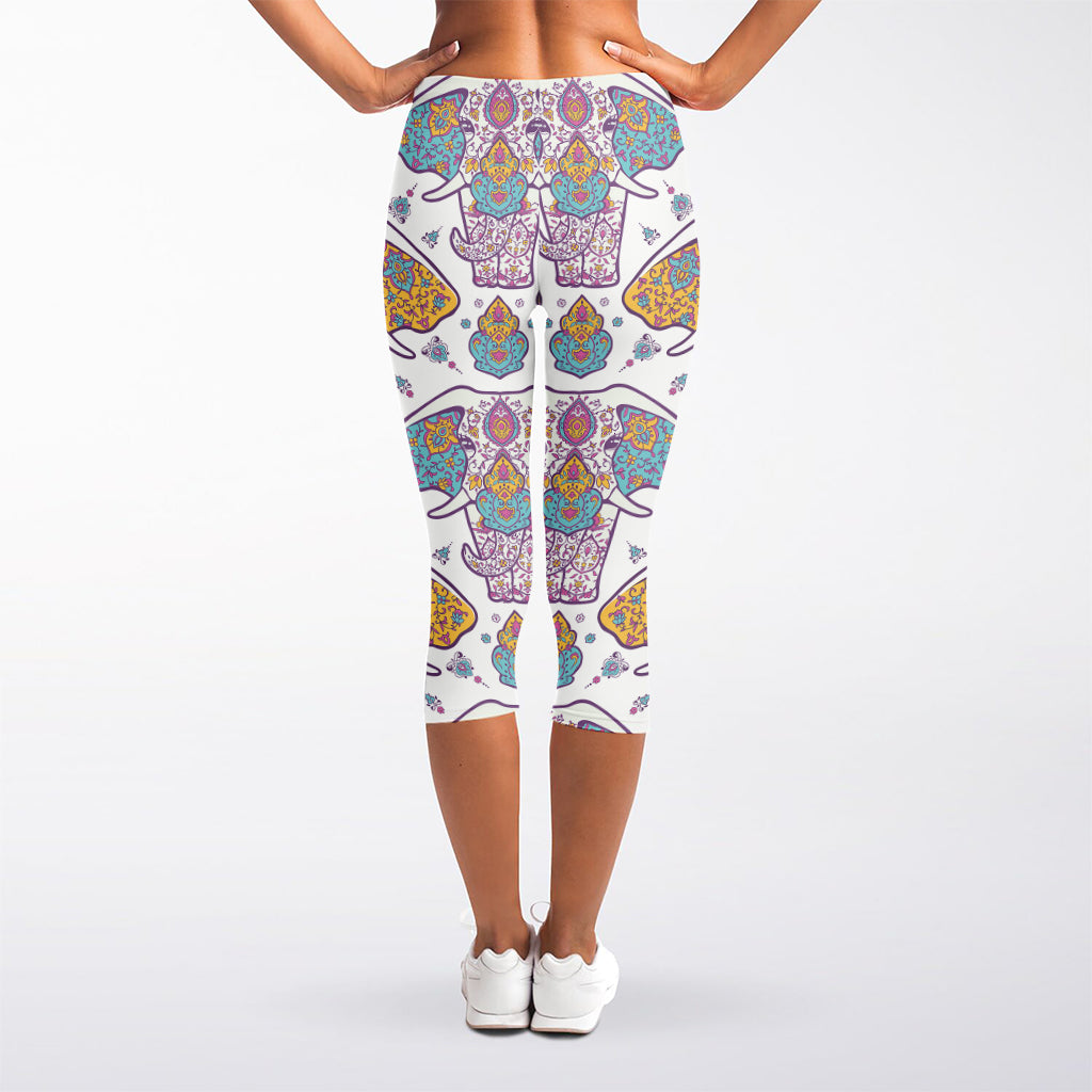 Indian Flower Elephant Pattern Print Women's Capri Leggings