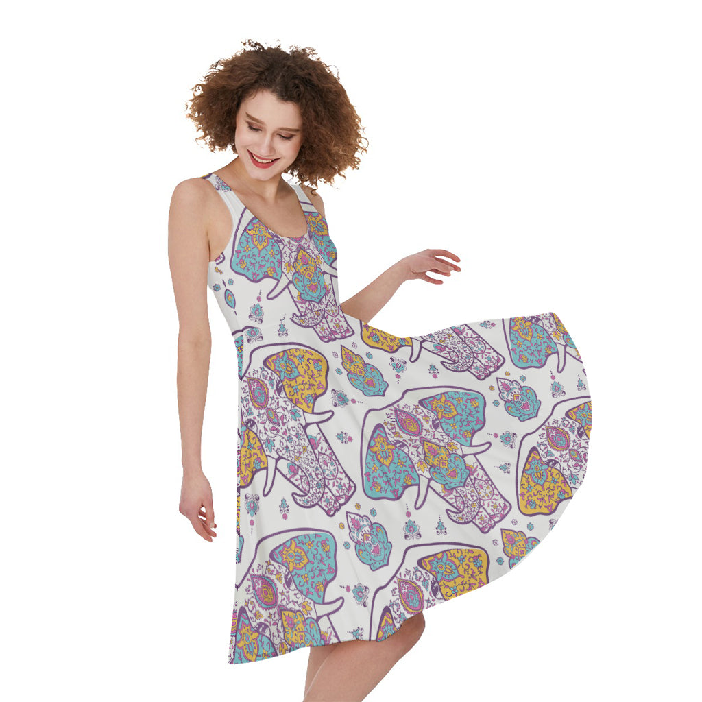 Indian Flower Elephant Pattern Print Women's Sleeveless Dress