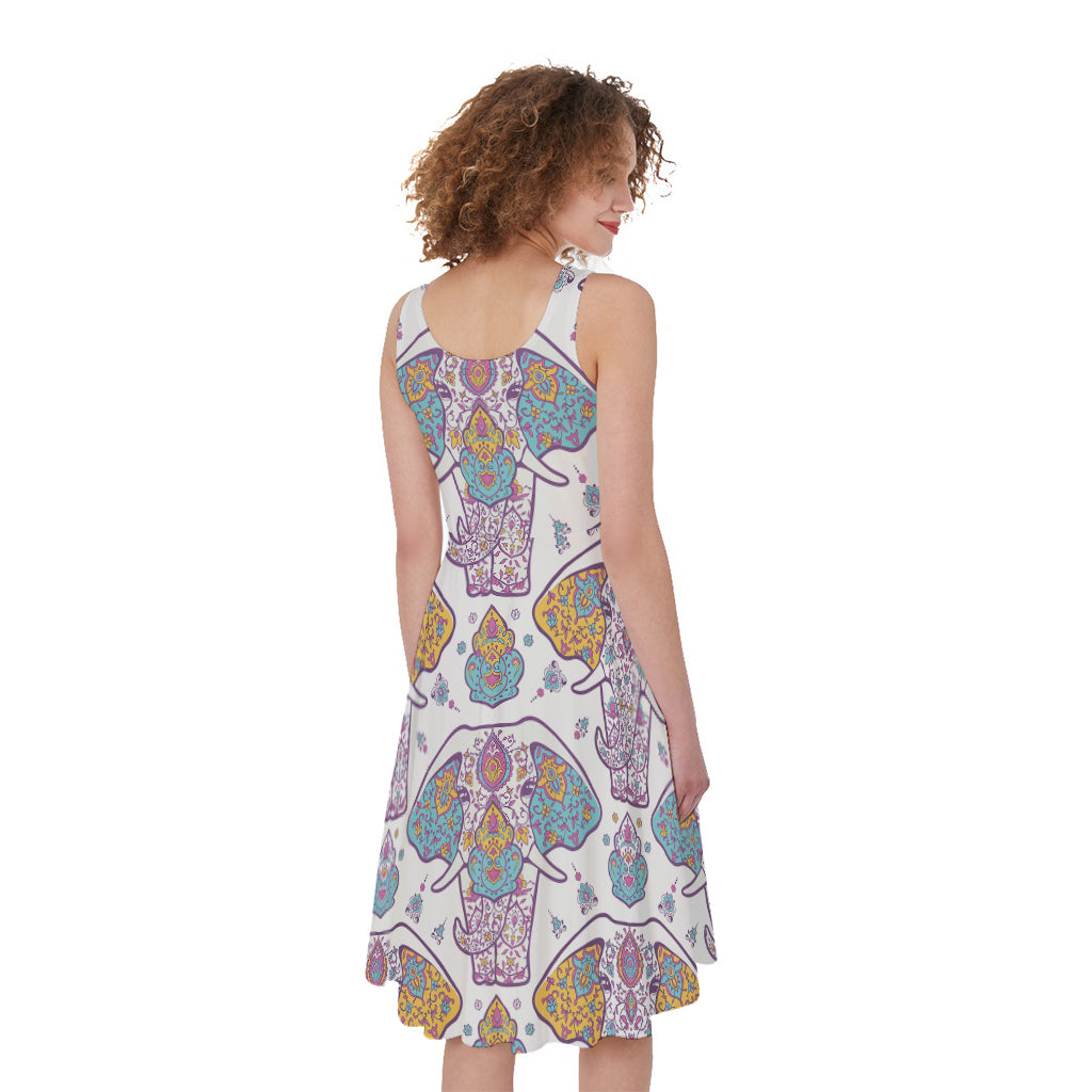 Indian Flower Elephant Pattern Print Women's Sleeveless Dress