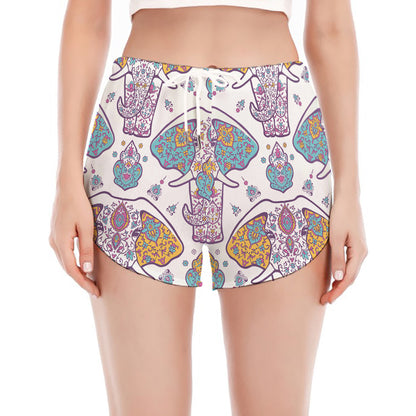 Indian Flower Elephant Pattern Print Women's Split Running Shorts