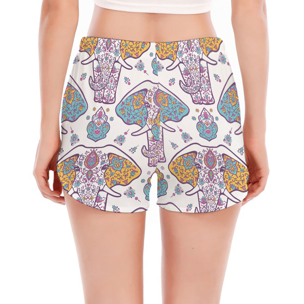 Indian Flower Elephant Pattern Print Women's Split Running Shorts