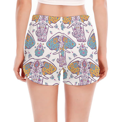 Indian Flower Elephant Pattern Print Women's Split Running Shorts