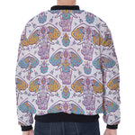 Indian Flower Elephant Pattern Print Zip Sleeve Bomber Jacket
