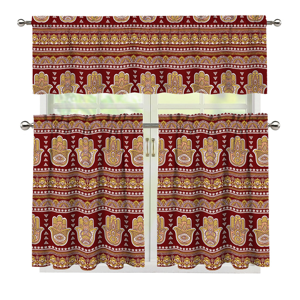 Indian Hamsa Hand Print 3 Piece Kitchen Curtains