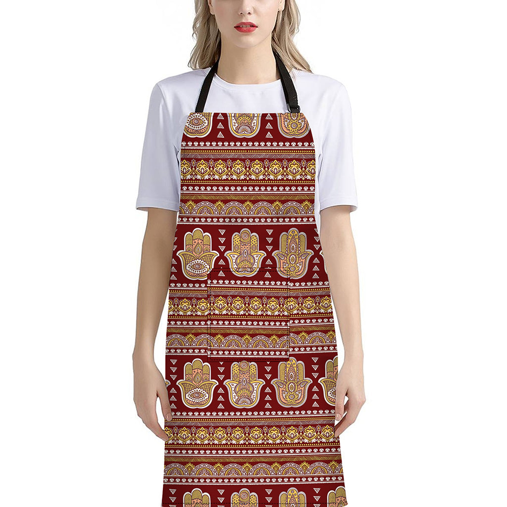 Indian Hamsa Hand Print Bib Apron With Pocket