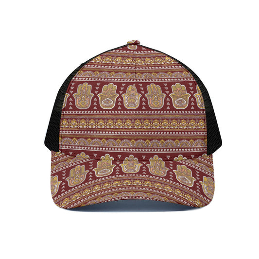 Indian Hamsa Hand Print Black Mesh Trucker Cap