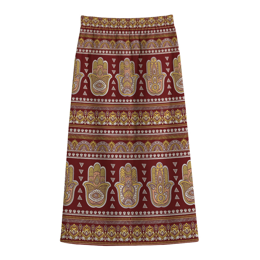 Indian Hamsa Hand Print Cotton Front Slit Maxi Skirt