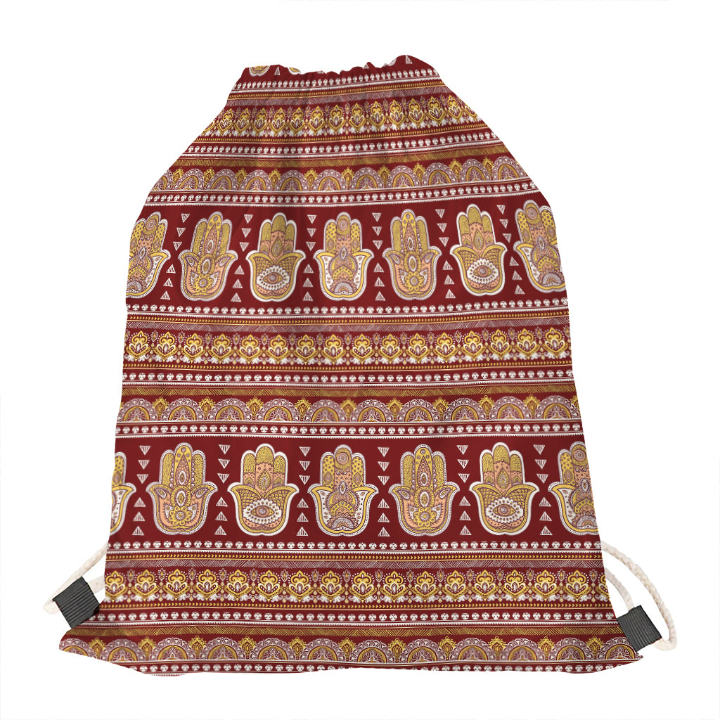 Indian Hamsa Hand Print Drawstring Bag
