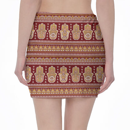 Indian Hamsa Hand Print Pencil Mini Skirt