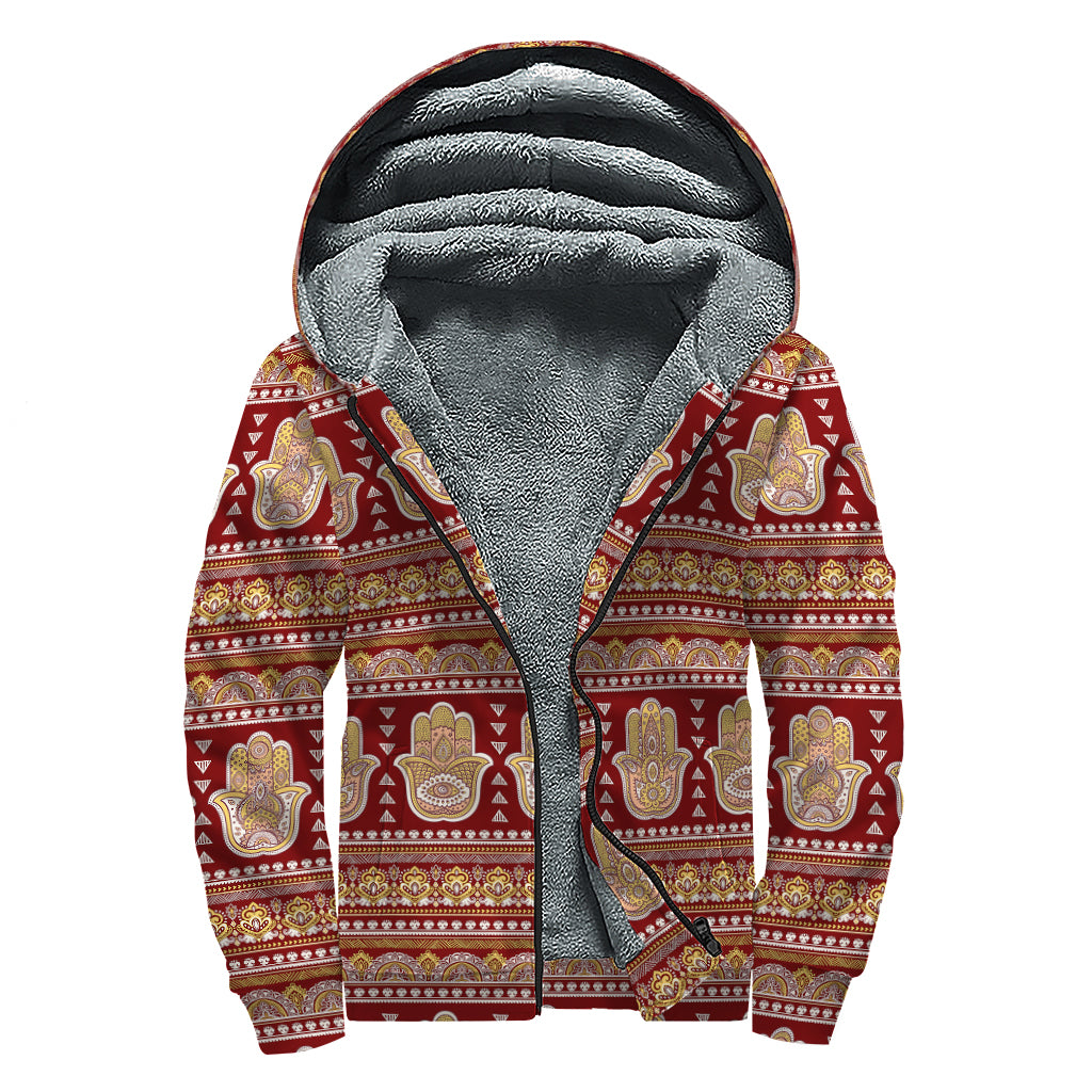 Indian Hamsa Hand Print Sherpa Lined Zip Up Hoodie