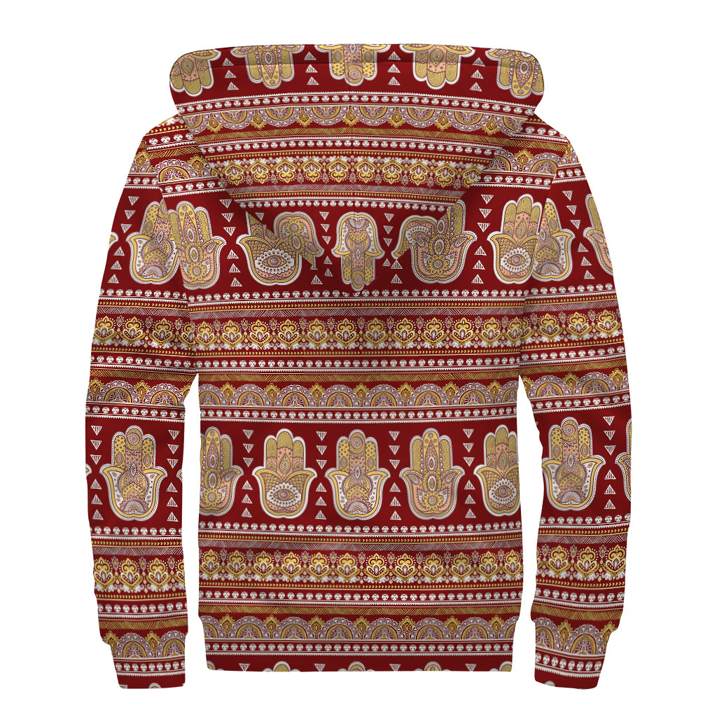 Indian Hamsa Hand Print Sherpa Lined Zip Up Hoodie