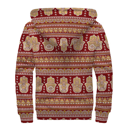 Indian Hamsa Hand Print Sherpa Lined Zip Up Hoodie