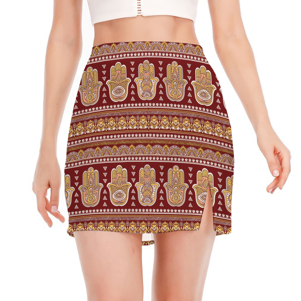 Indian Hamsa Hand Print Side Slit Mini Skirt