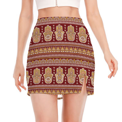 Indian Hamsa Hand Print Side Slit Mini Skirt