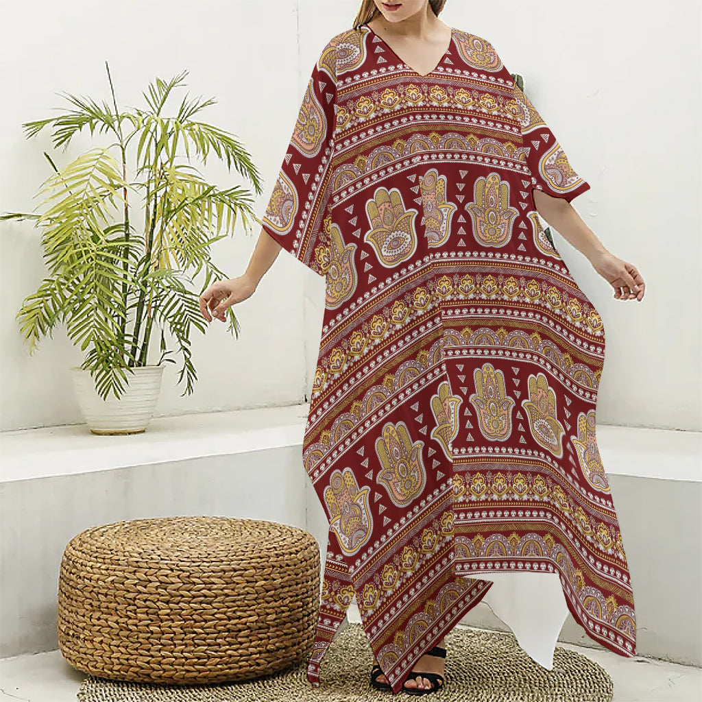 Indian Hamsa Hand Print Silk V-Neck Kaftan Dress