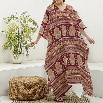 Indian Hamsa Hand Print Silk V-Neck Kaftan Dress