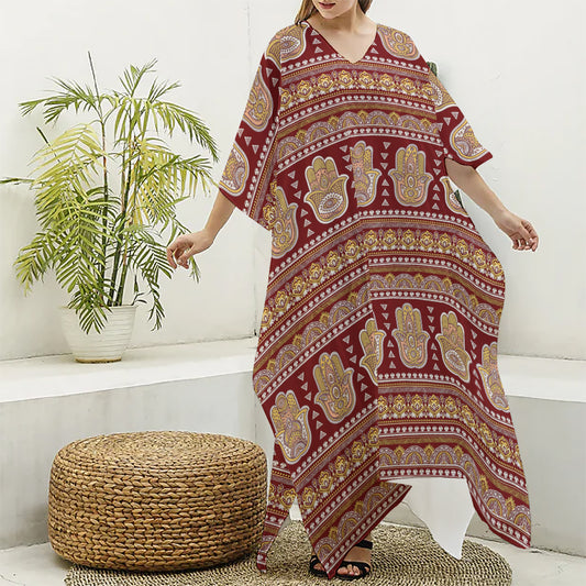Indian Hamsa Hand Print Silk V-Neck Kaftan Dress