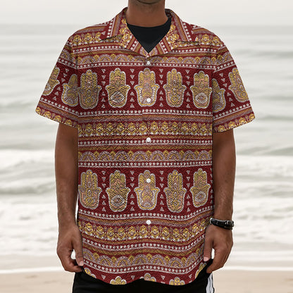 Indian Hamsa Hand Print Textured Short Sleeve Shirt