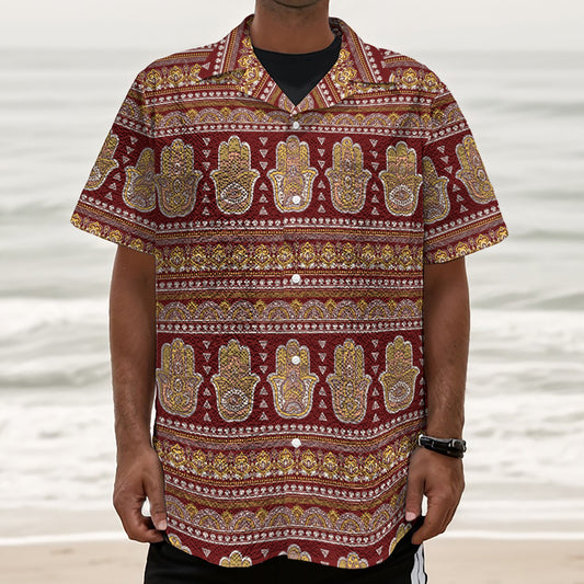 Indian Hamsa Hand Print Textured Short Sleeve Shirt