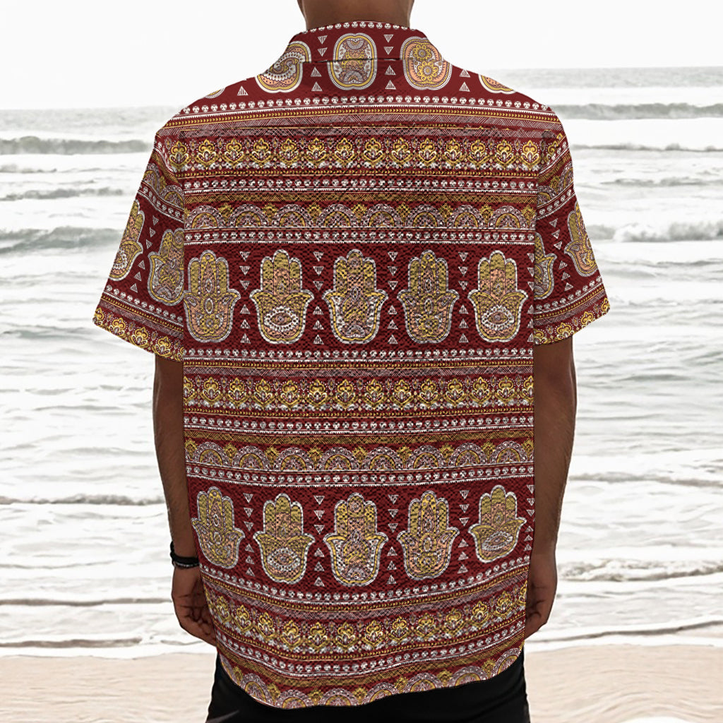 Indian Hamsa Hand Print Textured Short Sleeve Shirt