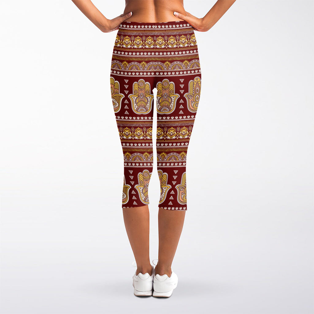 Indian Hamsa Hand Print Women's Capri Leggings