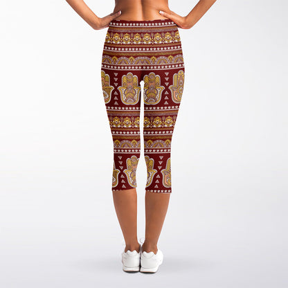 Indian Hamsa Hand Print Women's Capri Leggings