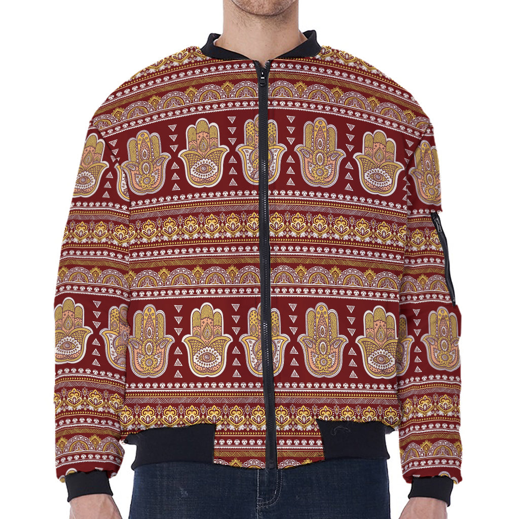 Indian Hamsa Hand Print Zip Sleeve Bomber Jacket