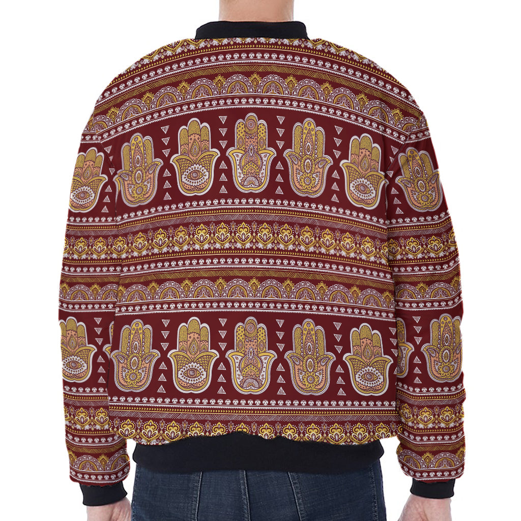 Indian Hamsa Hand Print Zip Sleeve Bomber Jacket