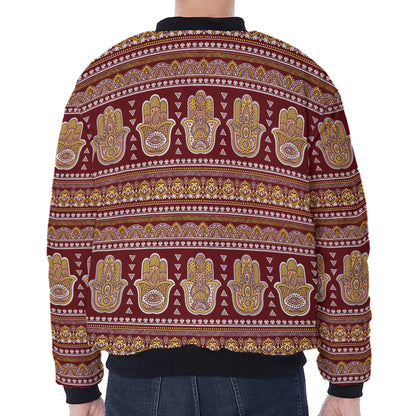 Indian Hamsa Hand Print Zip Sleeve Bomber Jacket