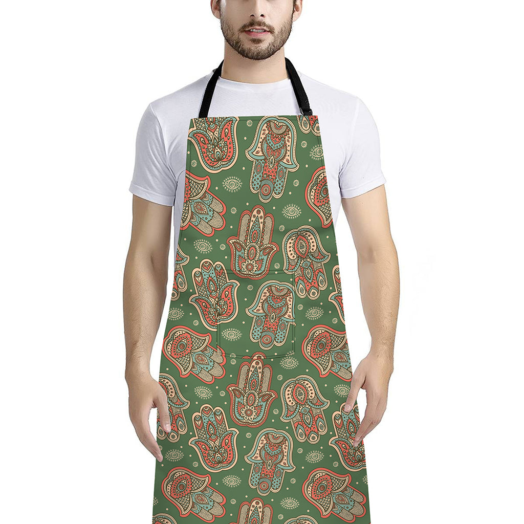 Indian Hamsa Pattern Print Bib Apron With Pocket