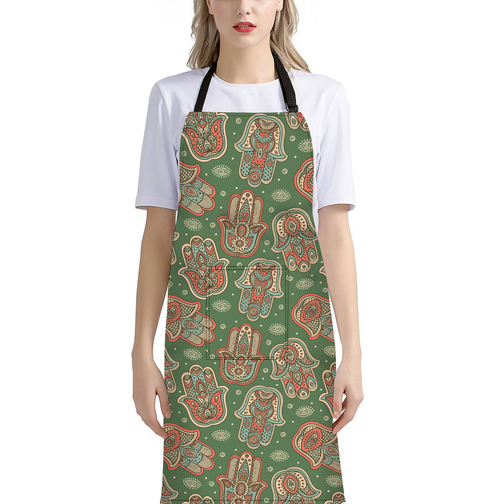 Indian Hamsa Pattern Print Bib Apron With Pocket