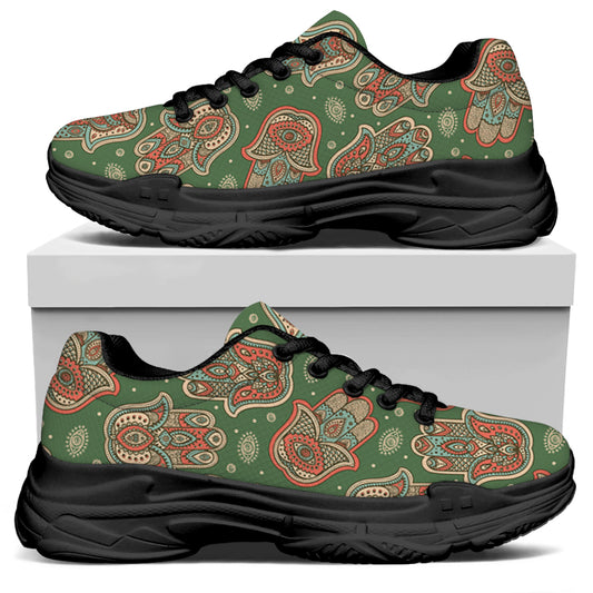 Indian Hamsa Pattern Print Black Chunky Shoes