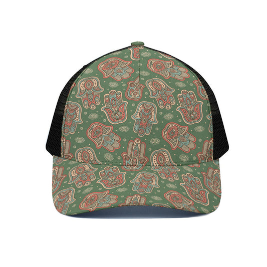 Indian Hamsa Pattern Print Black Mesh Trucker Cap