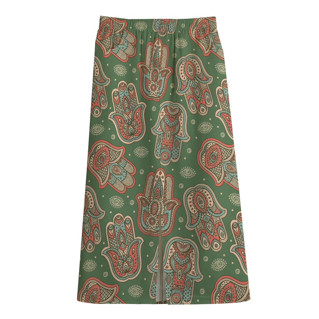 Indian Hamsa Pattern Print Cotton Front Slit Maxi Skirt