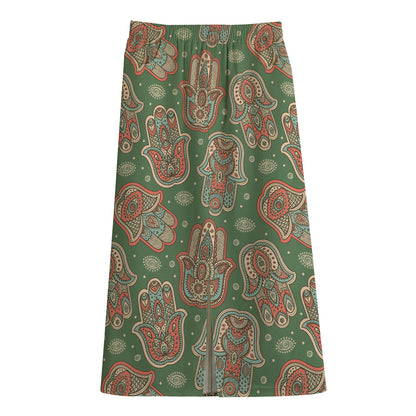 Indian Hamsa Pattern Print Cotton Front Slit Maxi Skirt