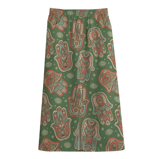 Indian Hamsa Pattern Print Cotton Front Slit Maxi Skirt