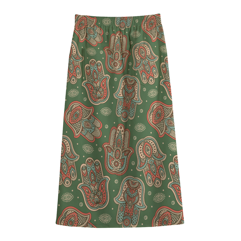 Indian Hamsa Pattern Print Cotton Front Slit Maxi Skirt