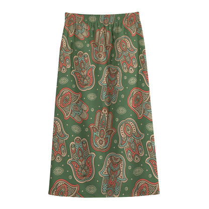 Indian Hamsa Pattern Print Cotton Front Slit Maxi Skirt