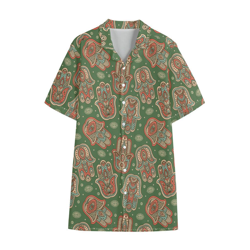 Indian Hamsa Pattern Print Cotton Hawaiian Shirt