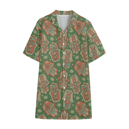 Indian Hamsa Pattern Print Cotton Hawaiian Shirt