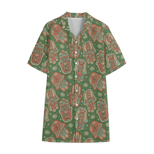 Indian Hamsa Pattern Print Cotton Hawaiian Shirt