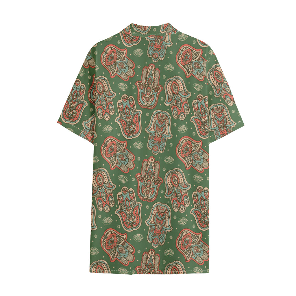 Indian Hamsa Pattern Print Cotton Hawaiian Shirt