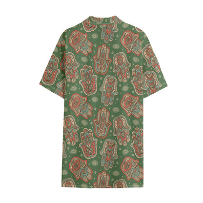 Indian Hamsa Pattern Print Cotton Hawaiian Shirt