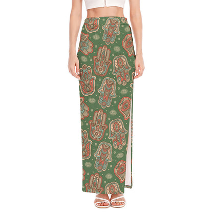Indian Hamsa Pattern Print High Slit Maxi Skirt