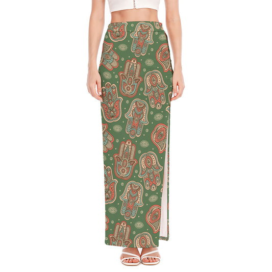 Indian Hamsa Pattern Print High Slit Maxi Skirt