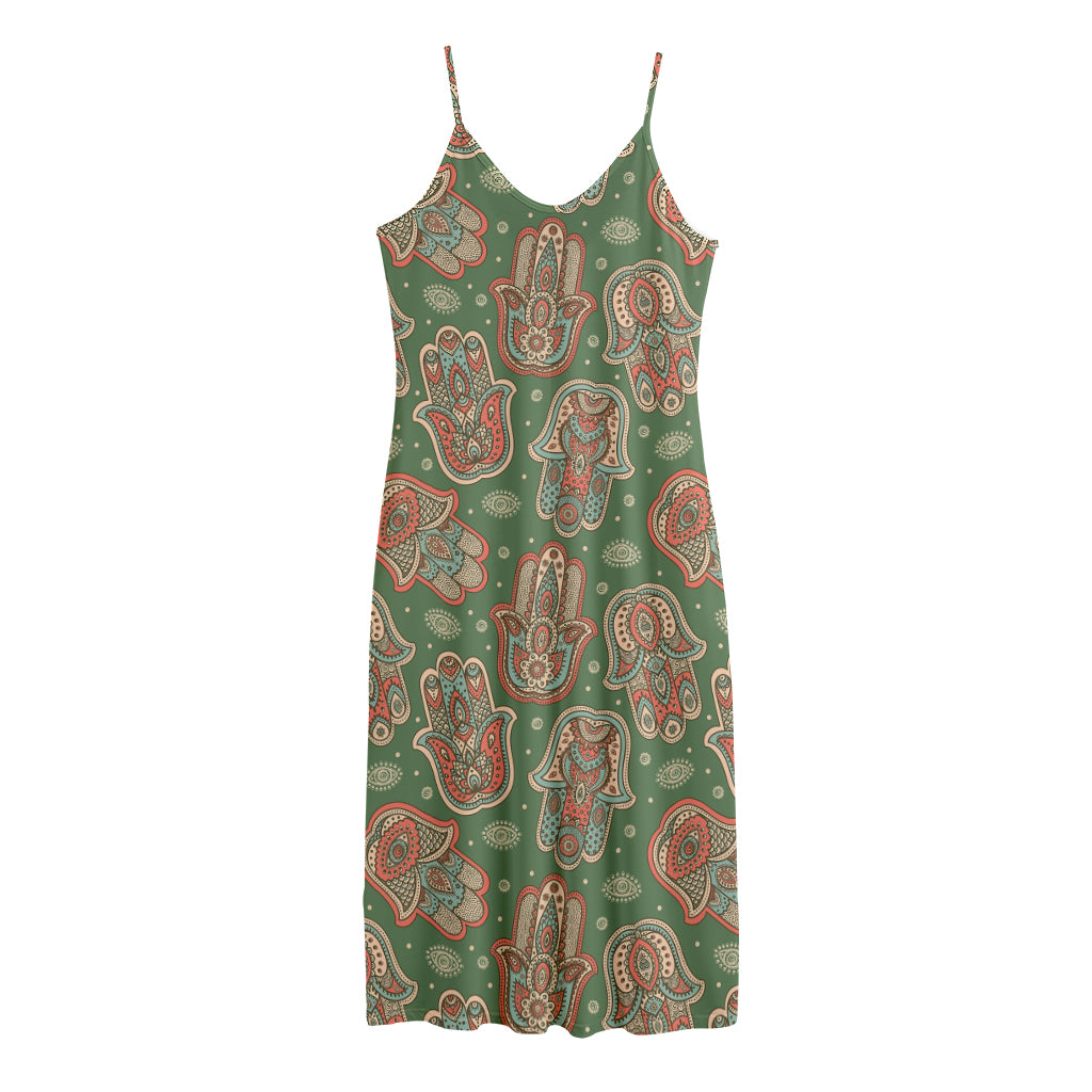 Indian Hamsa Pattern Print Jersey Midi Cami Dress
